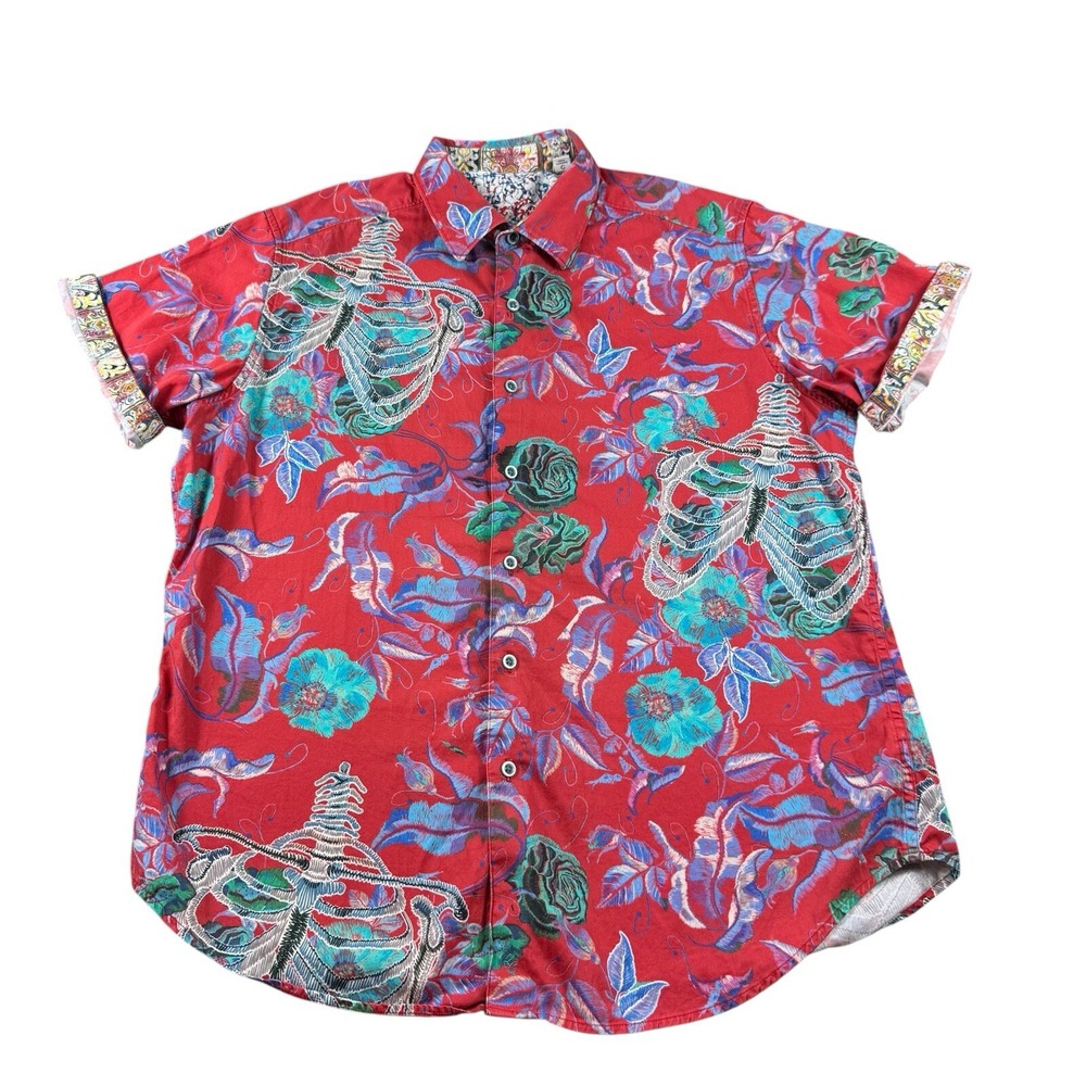 Robert Graham Mens Red Skeleton Floral Short Sleeve Flip Cuff Button Shirt L
